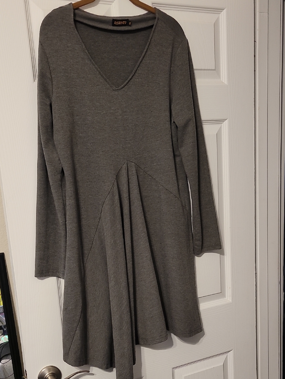 Reborn Charcoal Gray V-Neck Long Sleeve Flared Panel Dress
